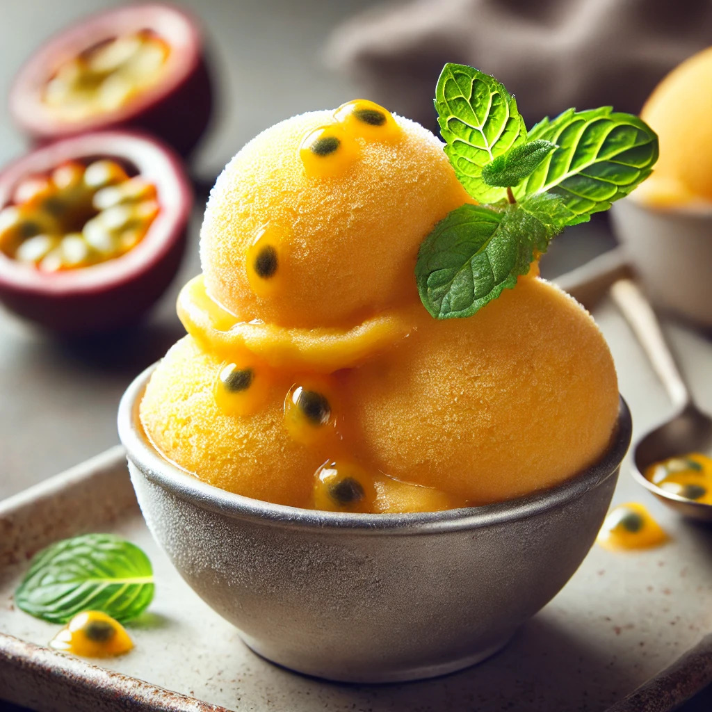 Friss és gyümölcsös házi készítésű passiógyümölcs sorbet