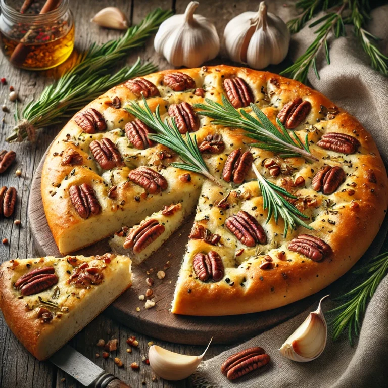 Pekándiós-rozmaringos fokhagymás focaccia tálalva