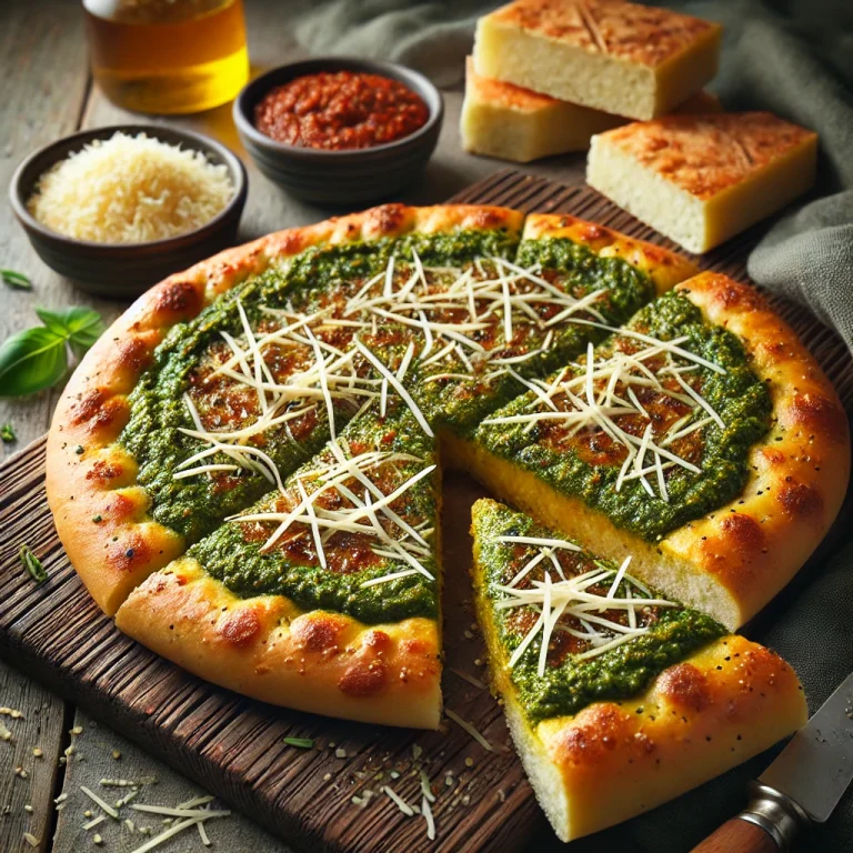 Pesto rosso-s és parmezános focaccia tálalva