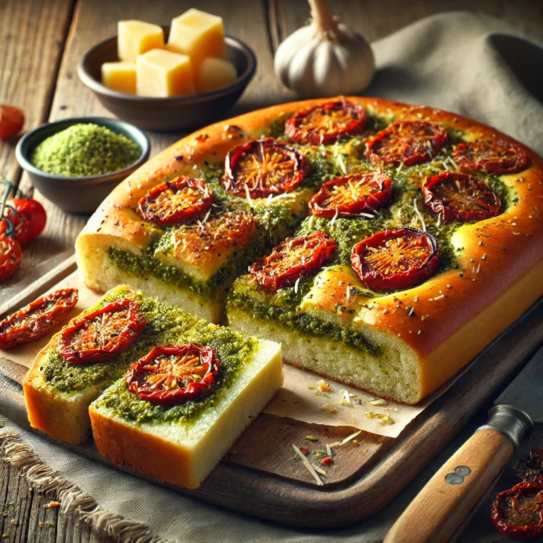 Pestós és szárított paradicsomos focaccia tálalva
