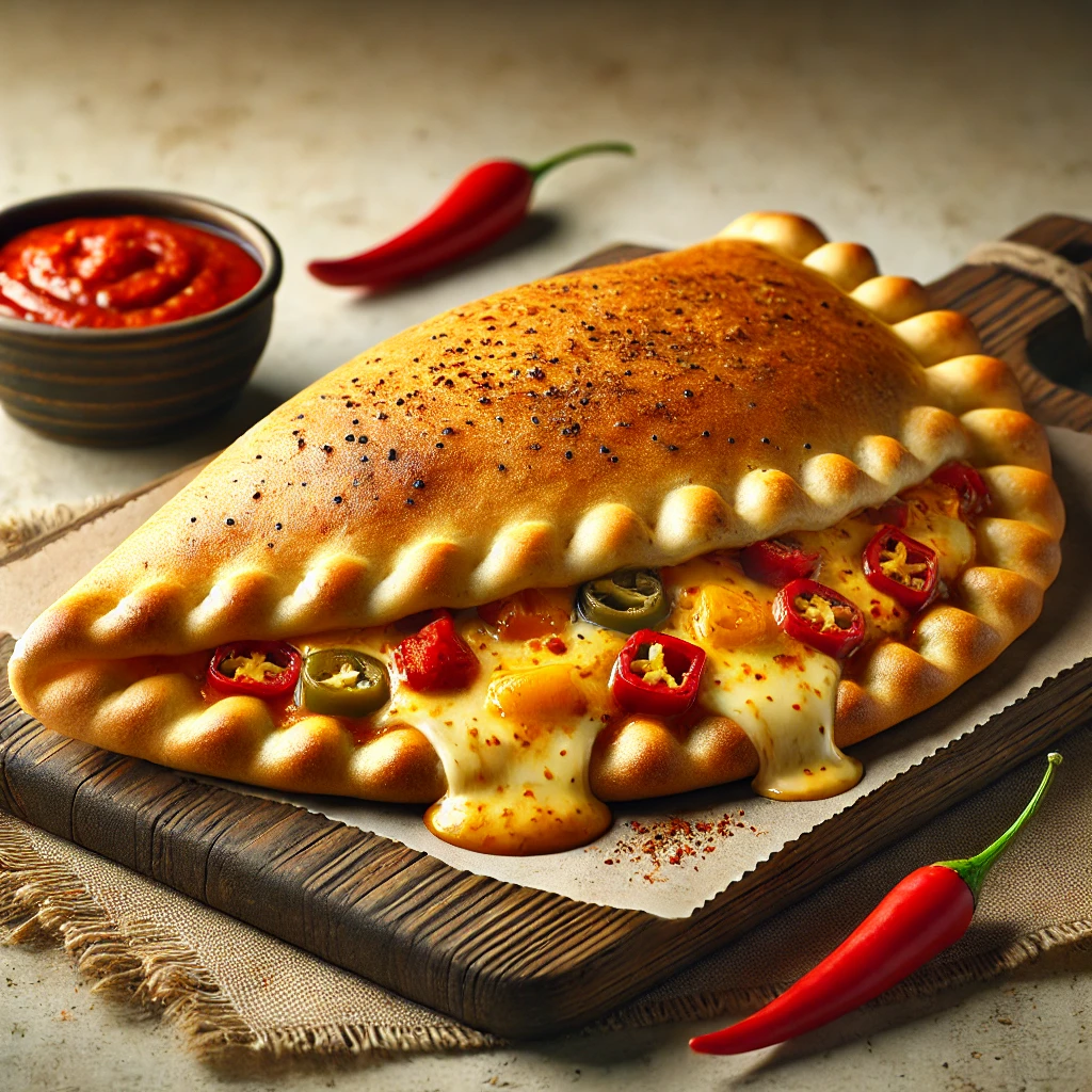Csípős paprikával és sajttal töltött, ropogós calzone