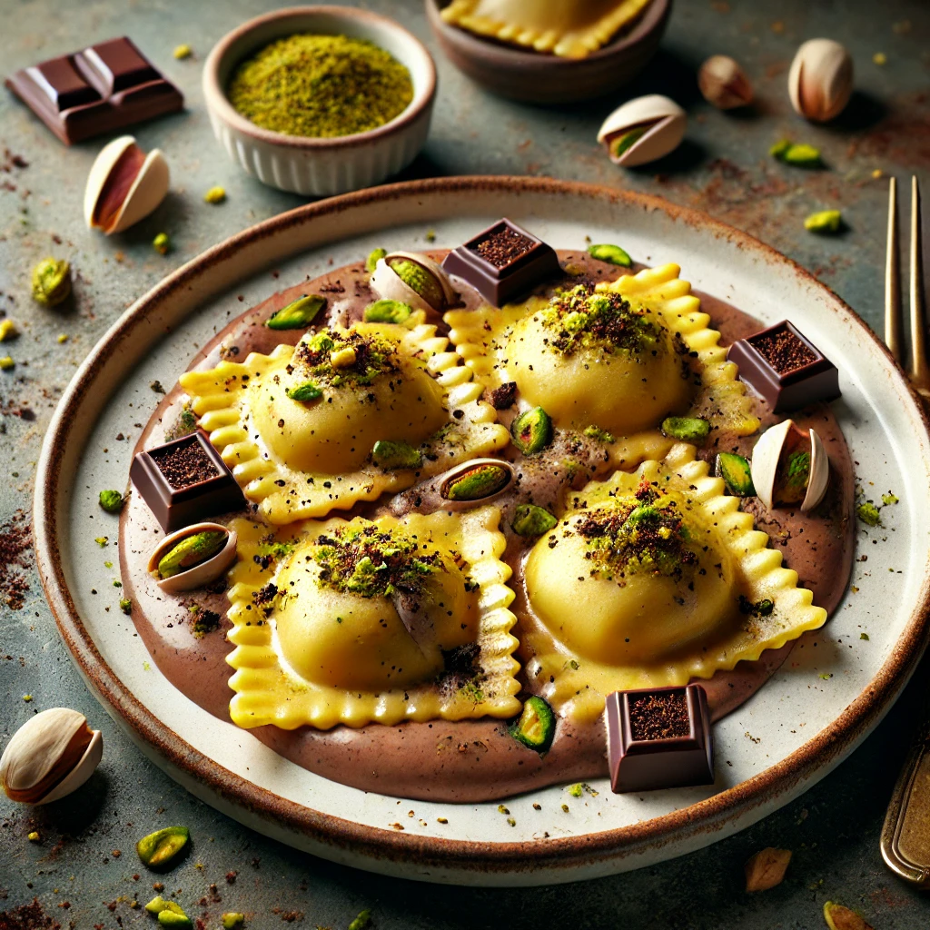 Krémes, édes ravioli pisztáciával és csokoládéval töltve