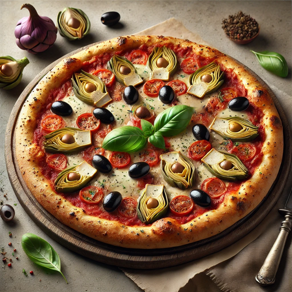 Olasz pizza articsókával, fekete olívabogyóval és mozzarellával