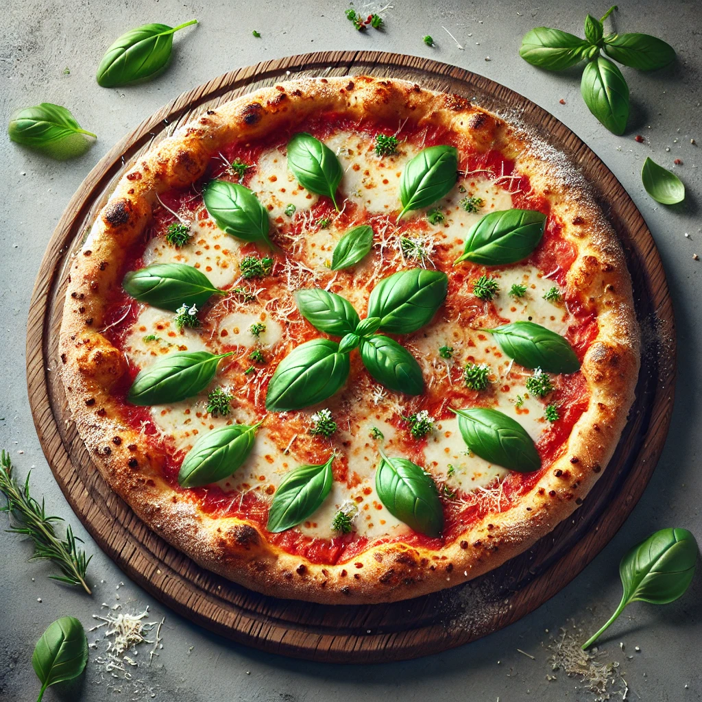 Olasz pizza friss bazsalikomlevelekkel és bazsalikomvirágokkal