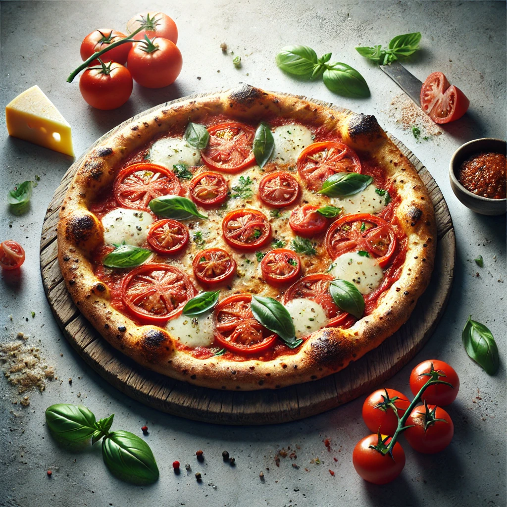 Olasz pizza friss paradicsommal, mozzarellával és bazsalikommal