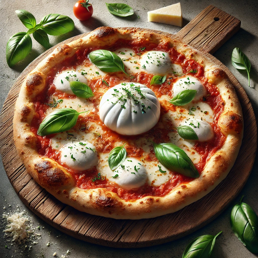 Olasz pizza friss burrata sajttal, mozzarellával és bazsalikommal