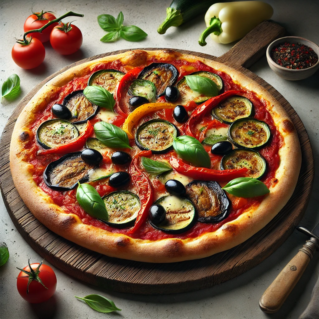 Szicíliai sült zöldséges pizza mozzarellával és olívabogyóval