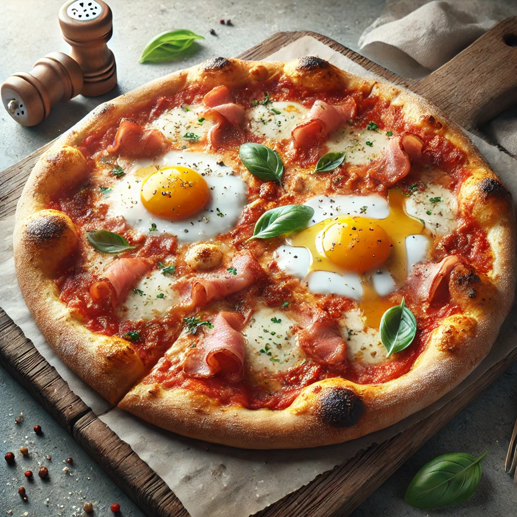 Olasz pizza pancettával, tojással és mozzarellával