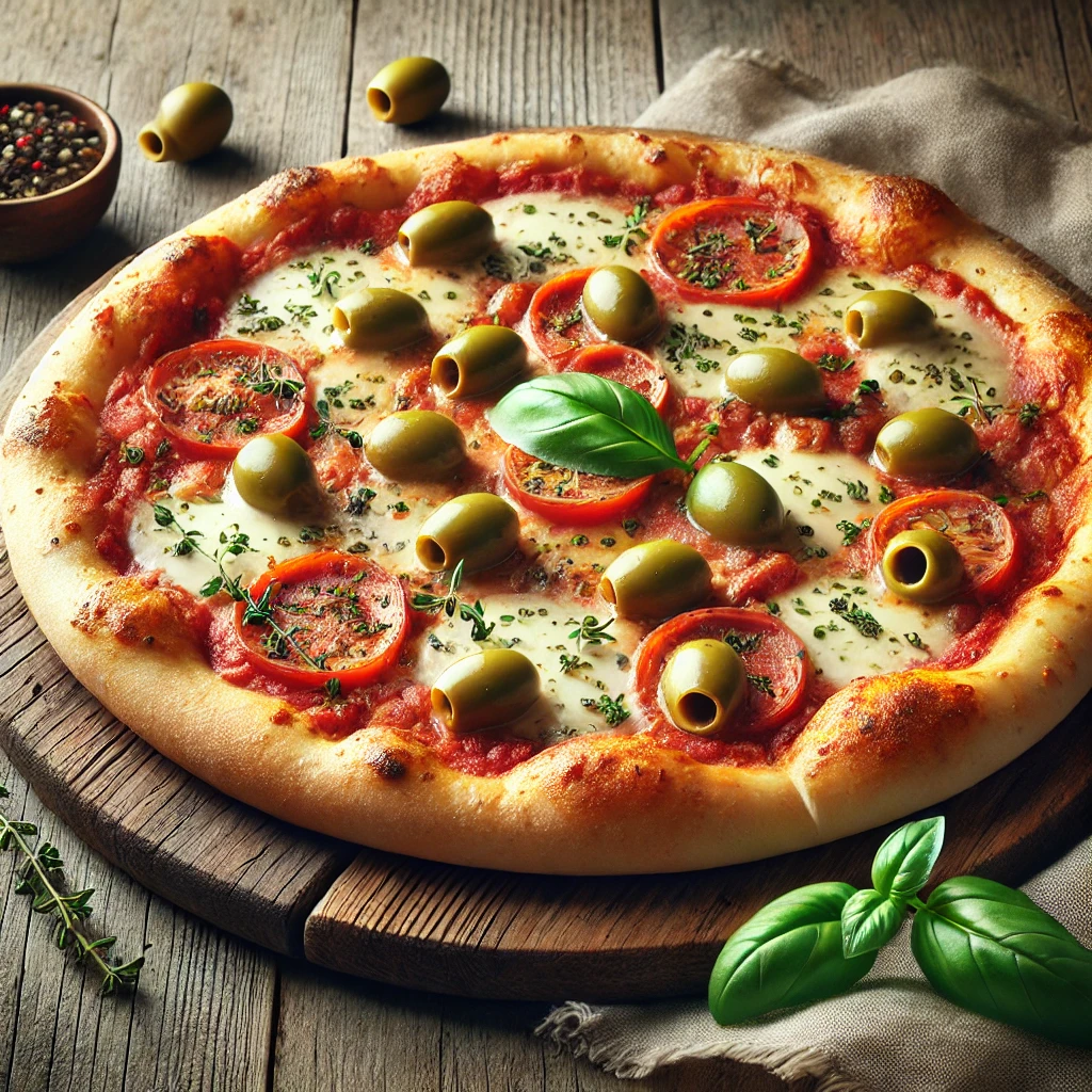 Olasz pizza zöld olívabogyóval, mozzarellával és friss bazsalikommal
