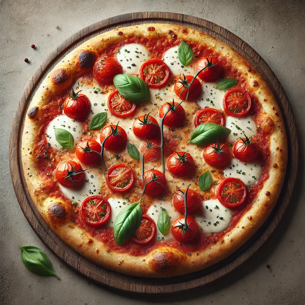 Olasz pizza friss koktélparadicsommal, mozzarellával és bazsalikommal