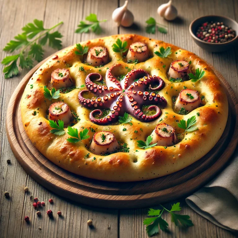 Polipos és petrezselymes focaccia tálalva