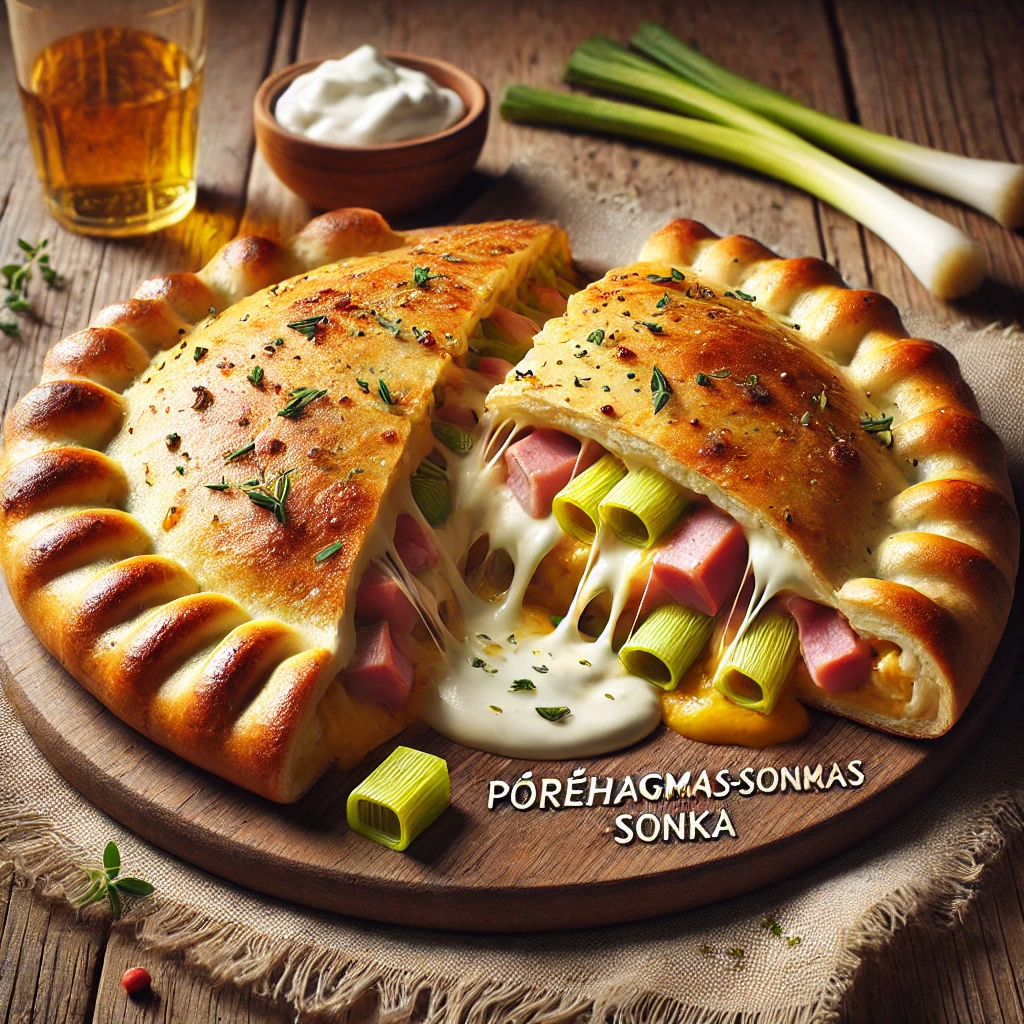 Krémes tejfölös, sajtos és sonkás töltelékkel készült calzone