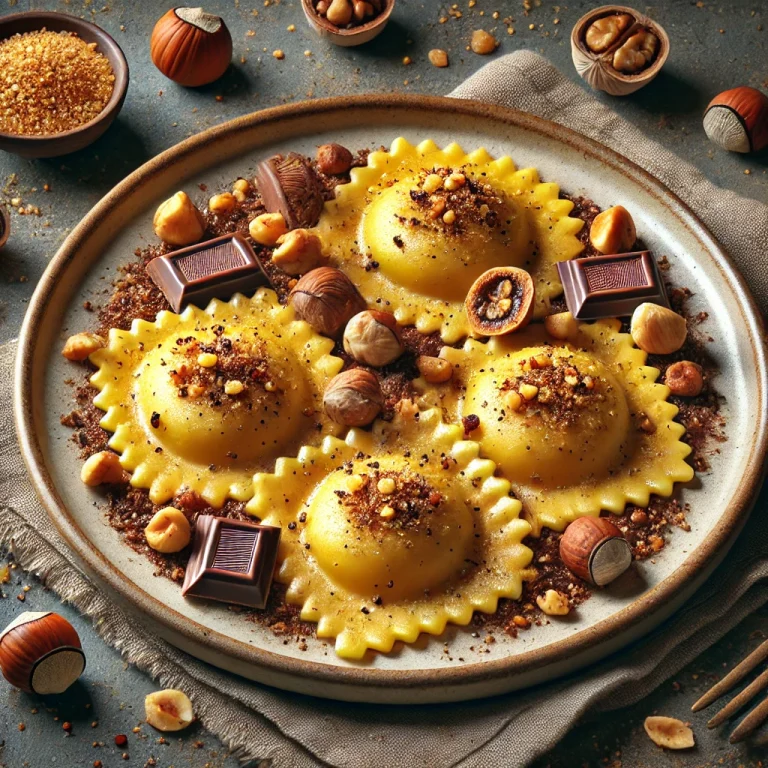 Pörköltmogyorós ravioli tálalva