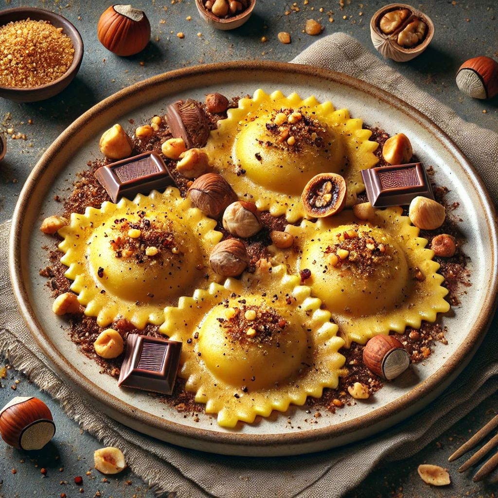 Krémes, édes ravioli pörkölt mogyoróval és csokoládéval töltve