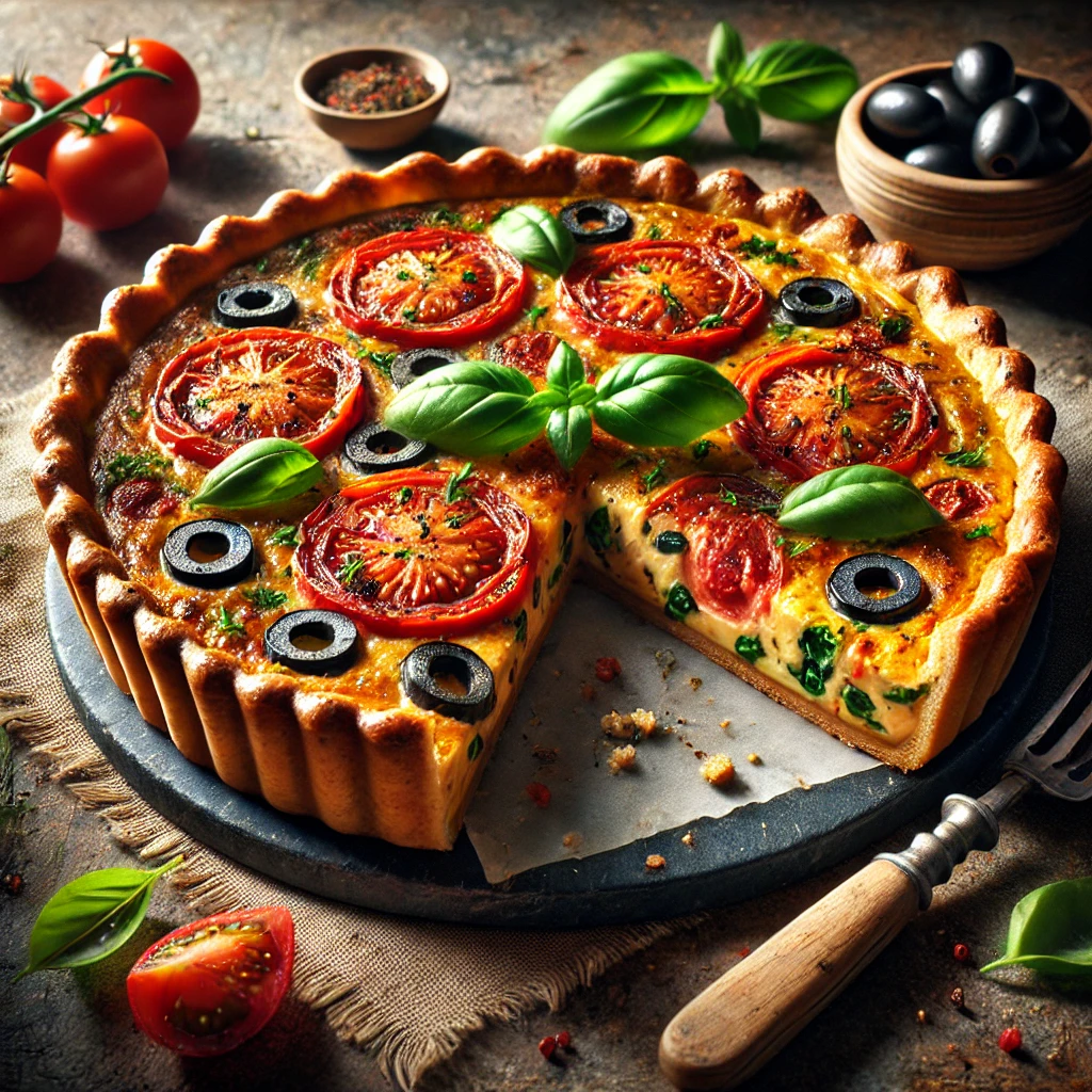 Francia klasszikus quiche paradicsommal, olívabogyóval és bazsalikommal