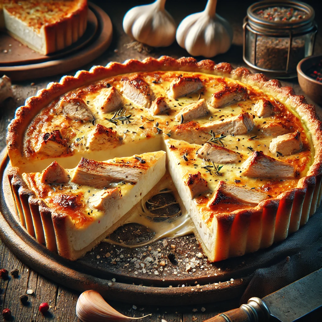 Francia grillezett csirkés, sajtos, fokhagymás quiche
