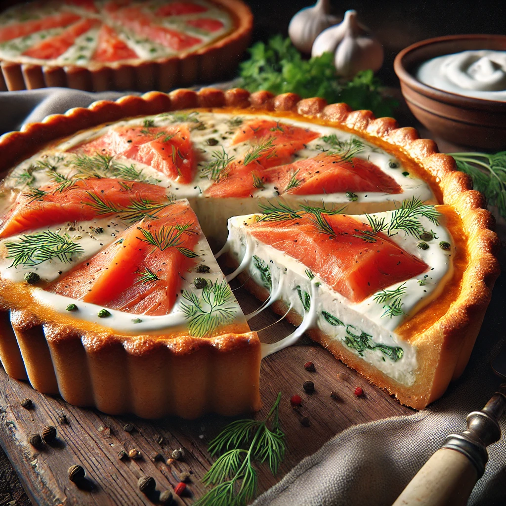 Francia füstölt lazacos, kapros, krémsajtos quiche