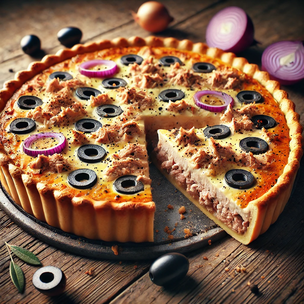 Francia tonhalas, olívás, lilahagymás quiche