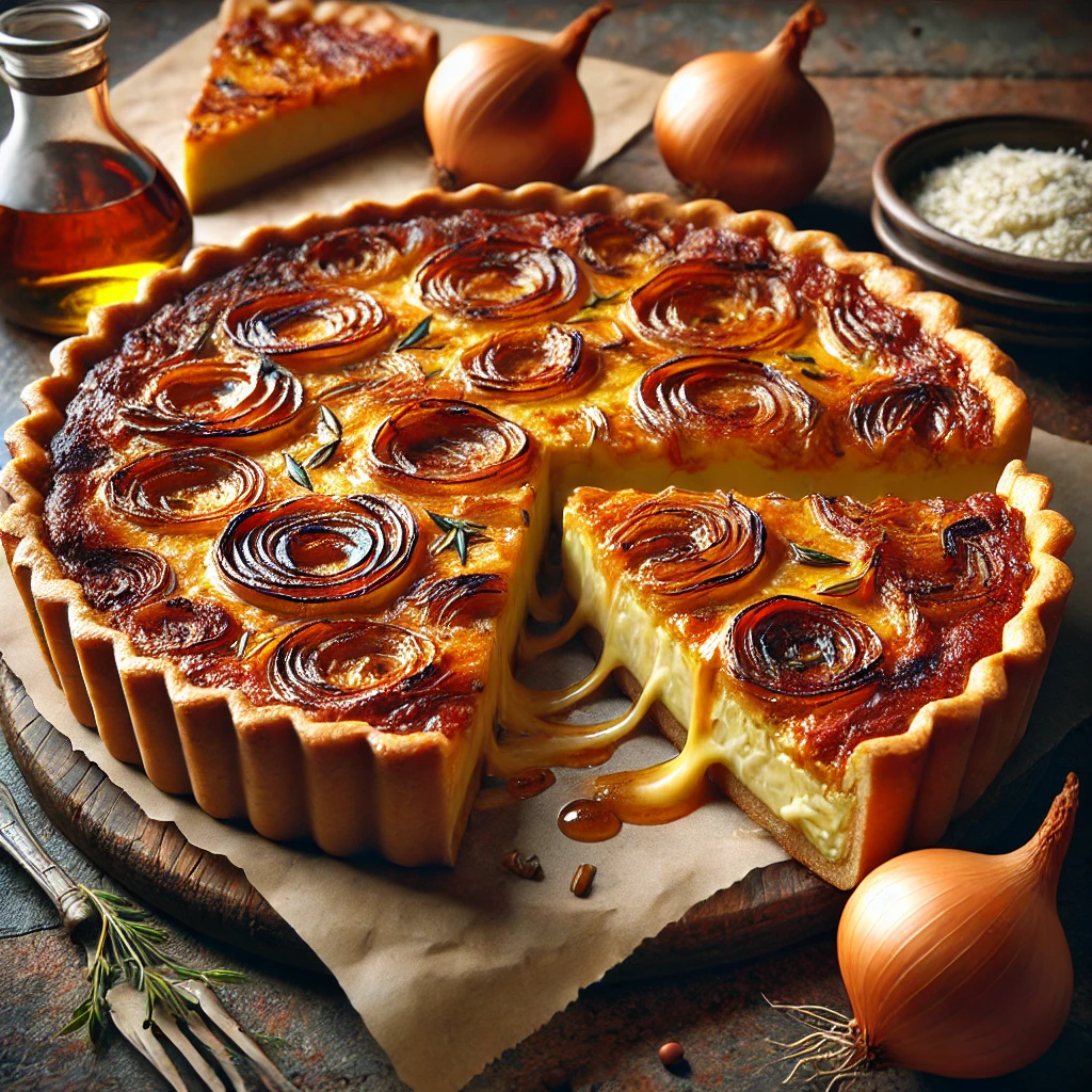 Francia hagymás, karamellizált hagymás, sajtos quiche