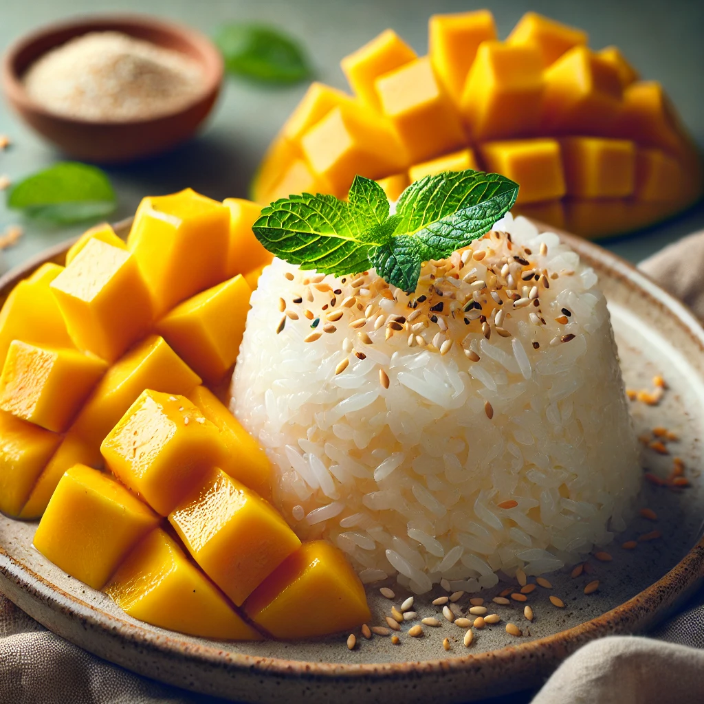 Krémes és édes ragacsos mangós rizs tradicionális thai desszertként