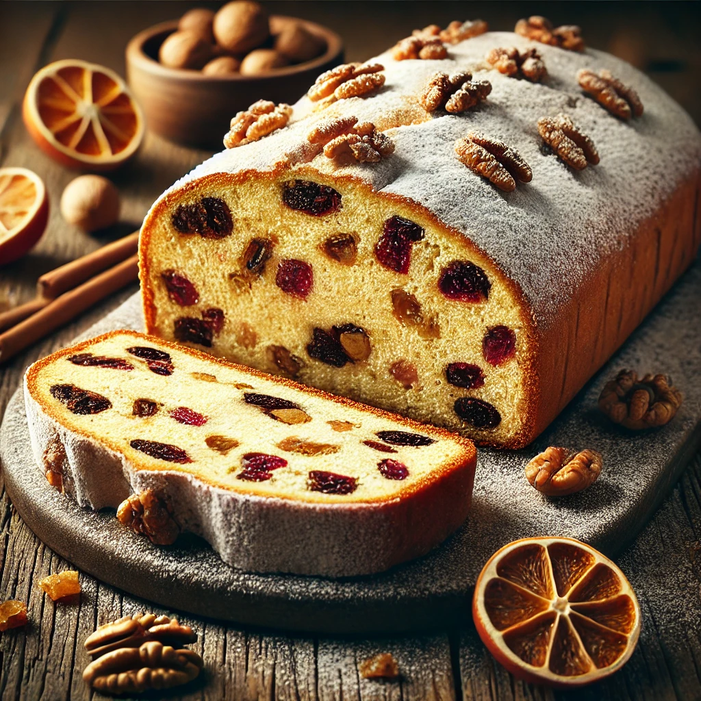 Házi készítésű rózsavizes-diós Stollen mazsolával, porcukorral a tetején