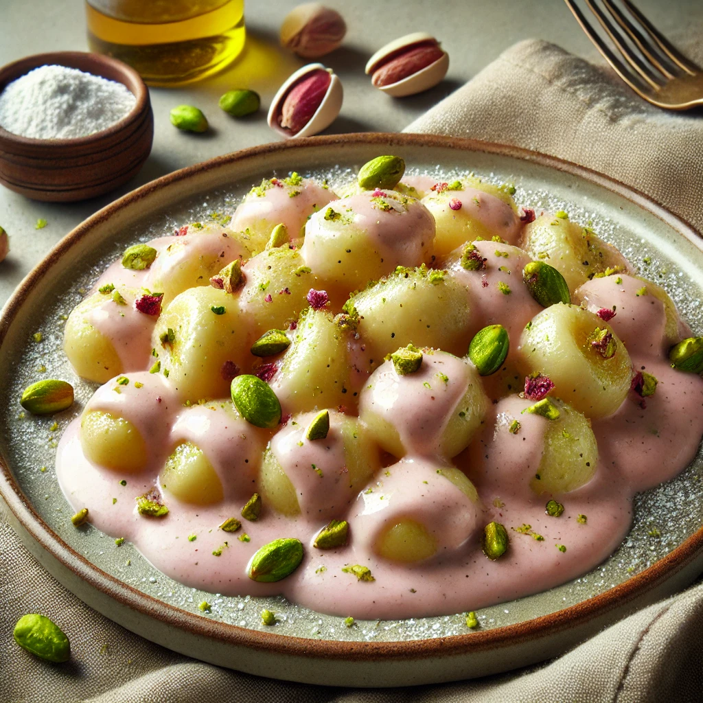 Édes gnocchi recept rózsavizes-tejszínes mártással és pisztáciával