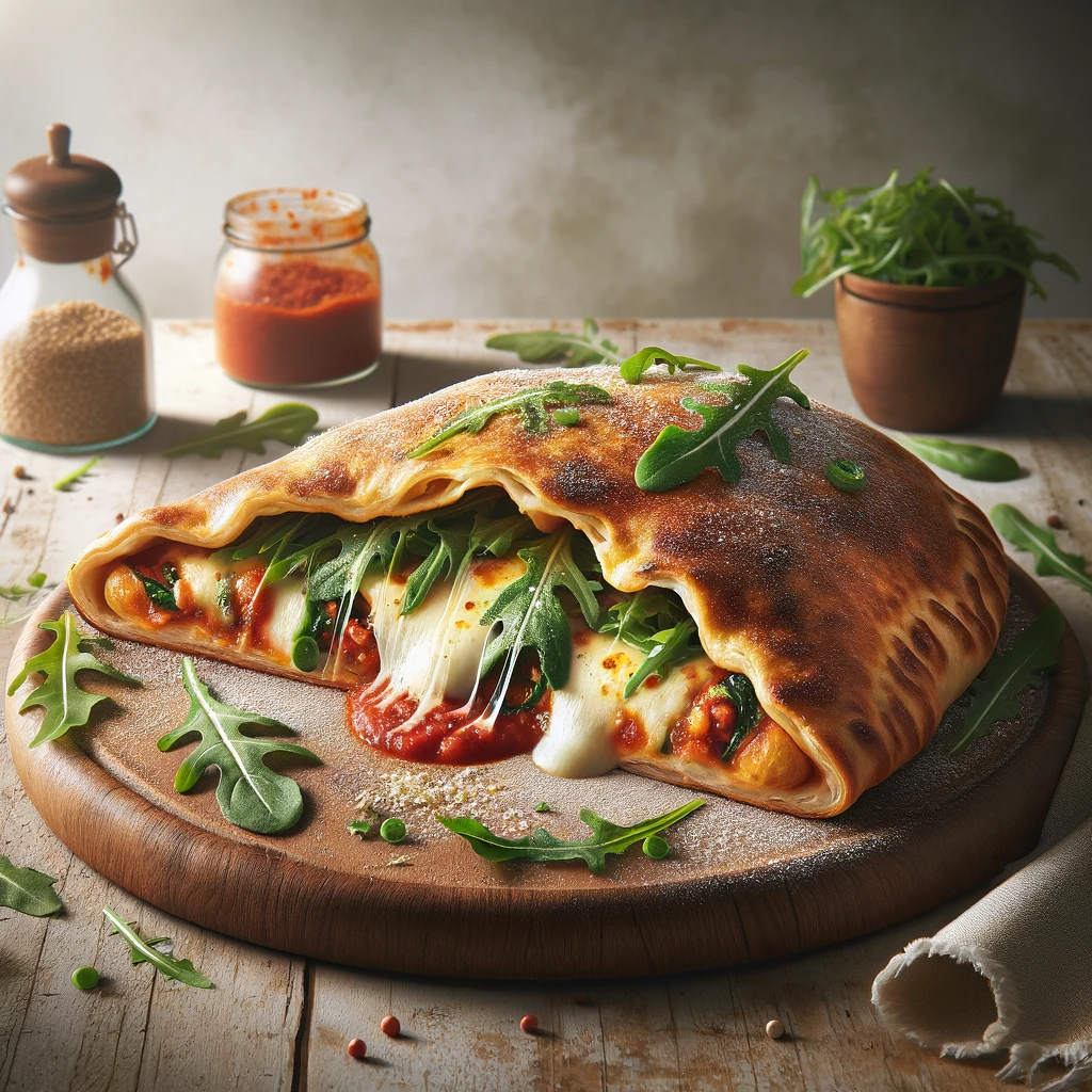 Ropogós calzone rukkolával, mozzarellával és parmezánnal töltve