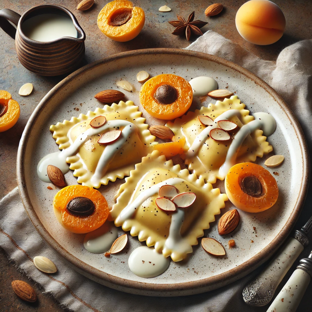 Krémes, sárgabarackos-fehércsokis ravioli pirított mandulával