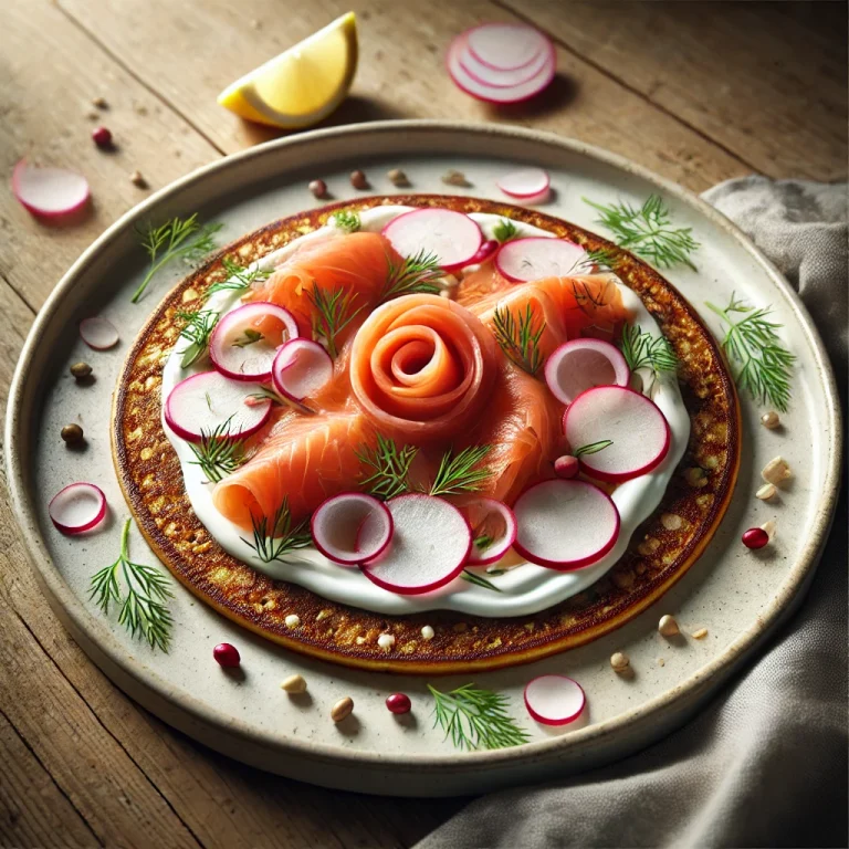 Smørrebrød pancake lazaccal és zöldségekkel tálalva