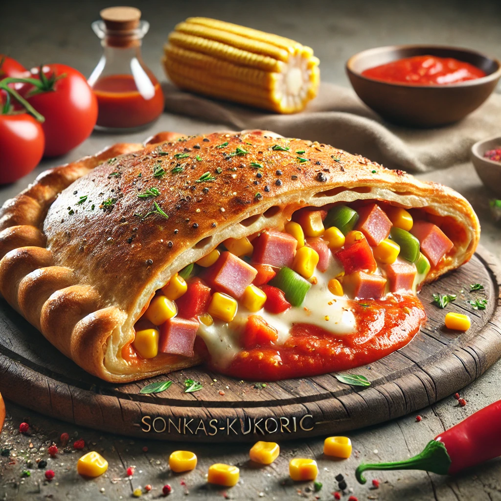 Ropogós calzone sonkával, kukoricával és paradicsomos töltelékkel