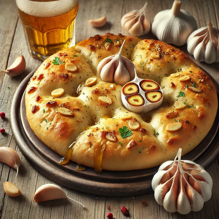 Sörös-sós fokhagymás focaccia tálalva