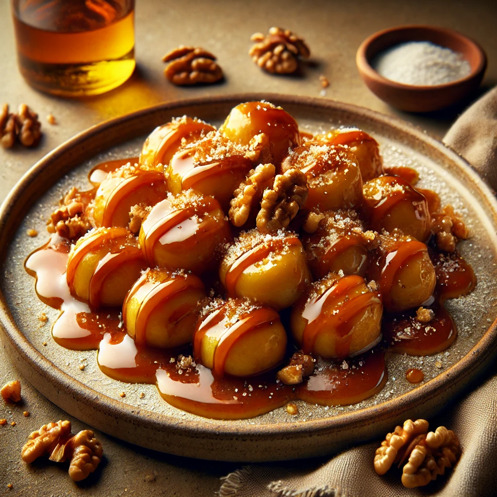 Édes gnocchi recept sós karamell öntettel és dióval