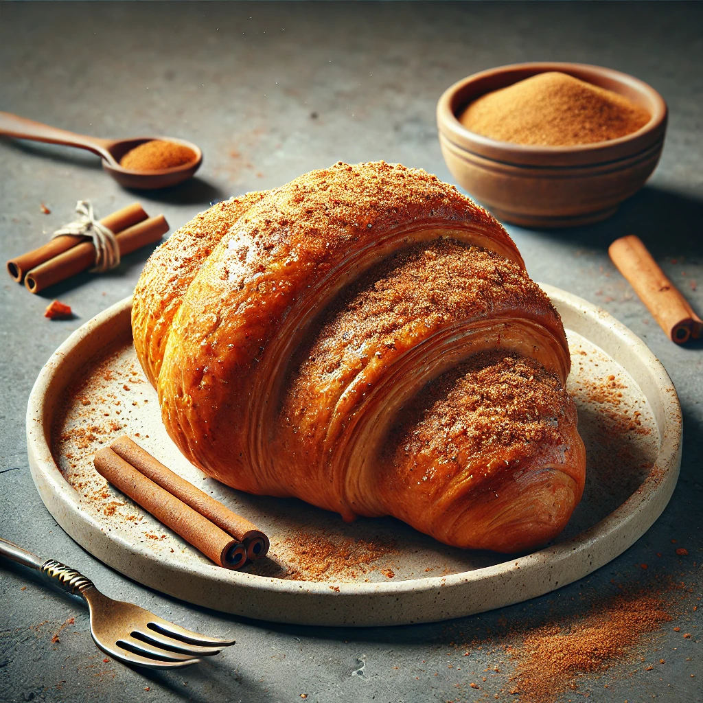 Fahéjjal és barnacukorral töltött, aranybarna croissant