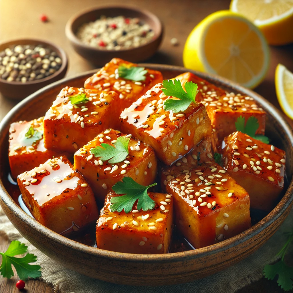 Ízletes és ropogós sült tofu friss gyümölcsös pácban