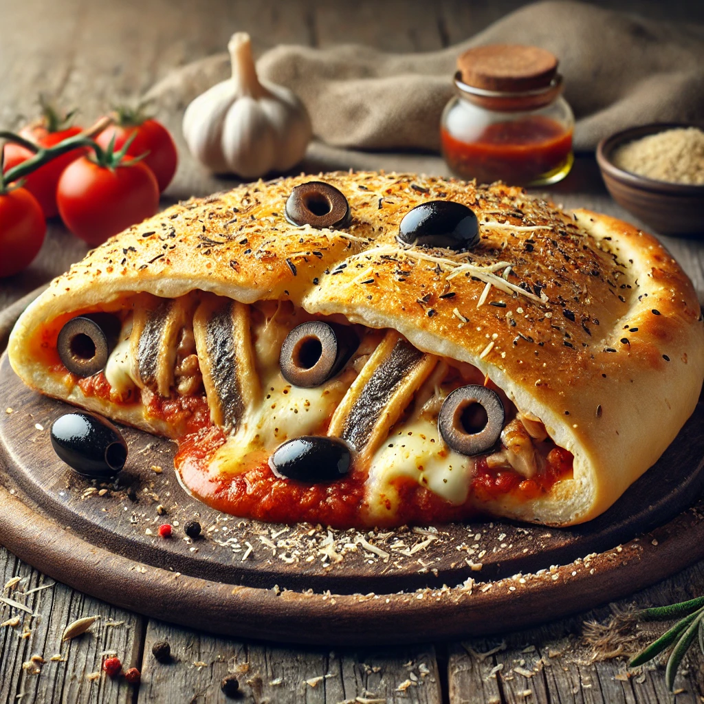 Ropogós calzone szardellával, olívabogyóval és sajttal töltve