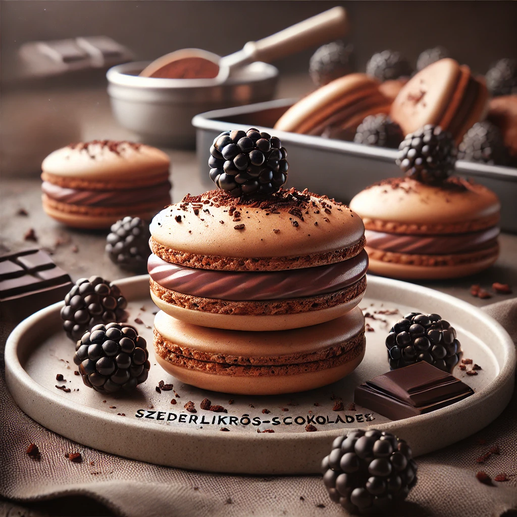 Gazdag csokoládé és szederlikőrös ízvilágú macaron