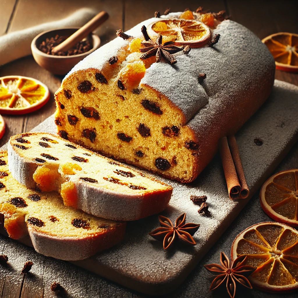 Házi szegfűszeges-narancsos stollen rusztikus tálalásban, ünnepi hangulatban