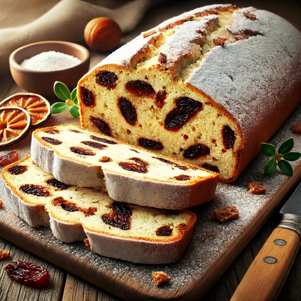 Házi készítésű szilvás-marcipános stollen aszalt szilvával, mandulás töltelékkel