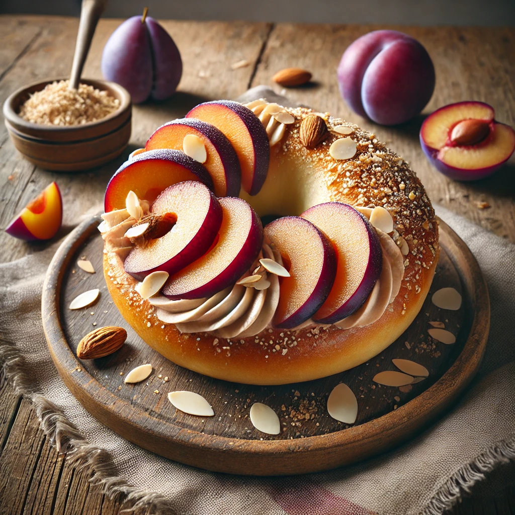 Friss szilvával és marcipánnal készült bagel, tökéletes reggelire vagy desszertként