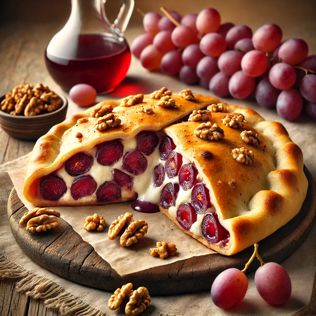 Édes töltelékkel készült házi calzone szőlővel és dióval