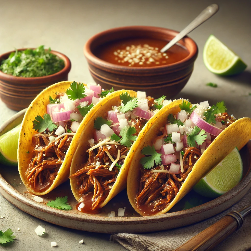 Lassan főtt fűszeres marhahússal töltött autentikus mexikói taco