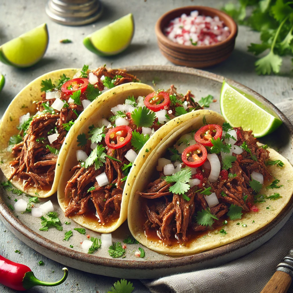 Lassan főtt marhafejhússal töltött autentikus mexikói taco