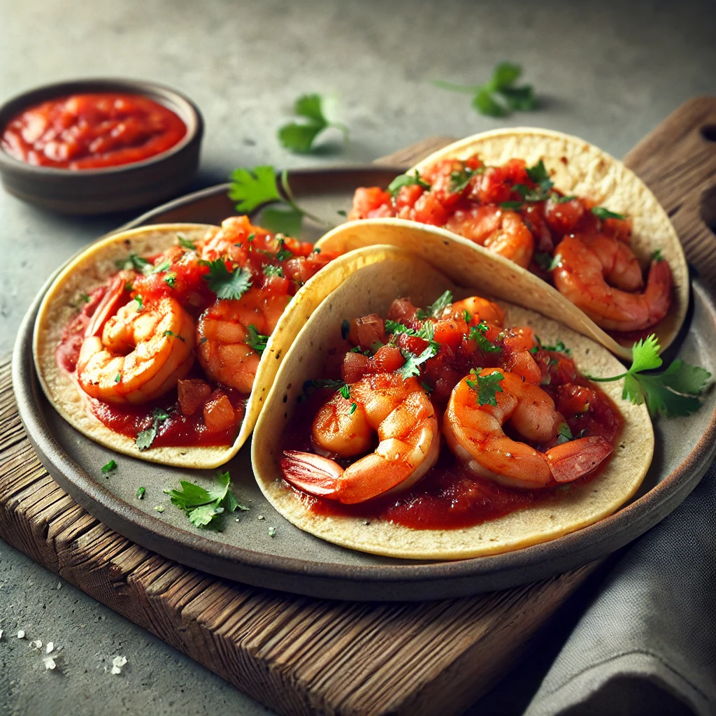 Mexikói stílusú garnélás tacos pikáns salsa roja szósszal