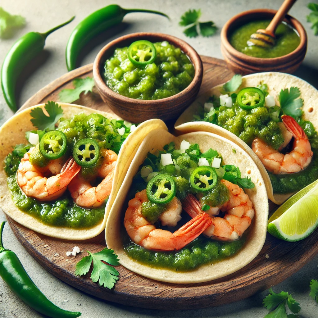 Autentikus tacos pirított garnélával és friss salsa verdével