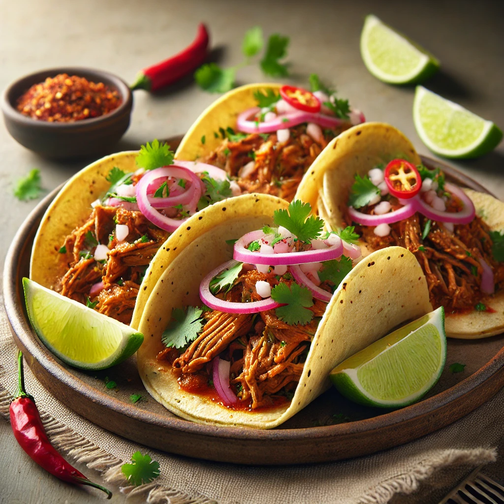 Lassan sült fűszeres sertéshússal töltött autentikus mexikói taco