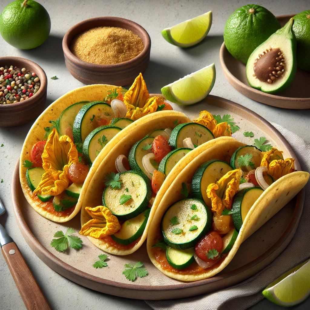 Friss tökvirággal és zöldségekkel töltött autentikus mexikói taco