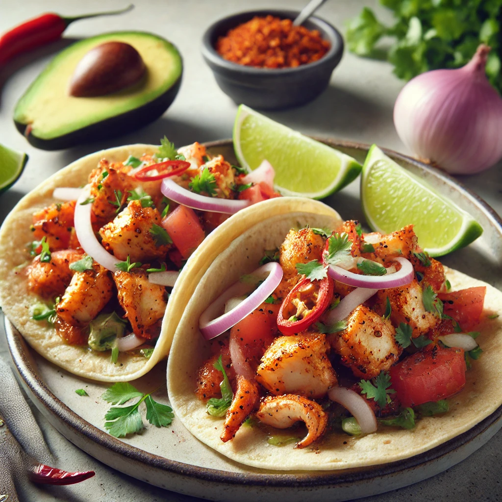Fűszeres rákkal, avokádóval és korianderrel töltött autentikus mexikói taco