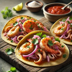 Mexikói tengeri tacos édes-savanyú guava szósszal