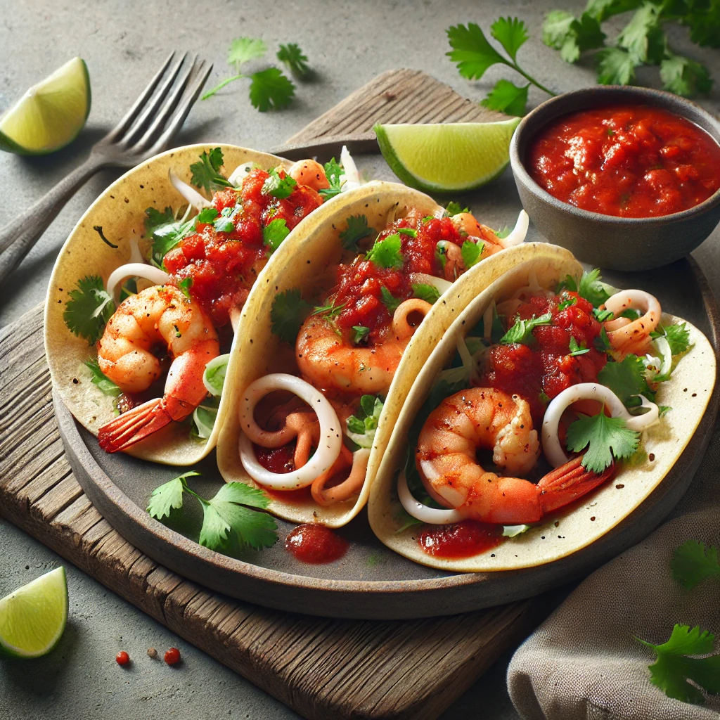 Mexikói tengeri tacos pikáns salsa roja szósszal