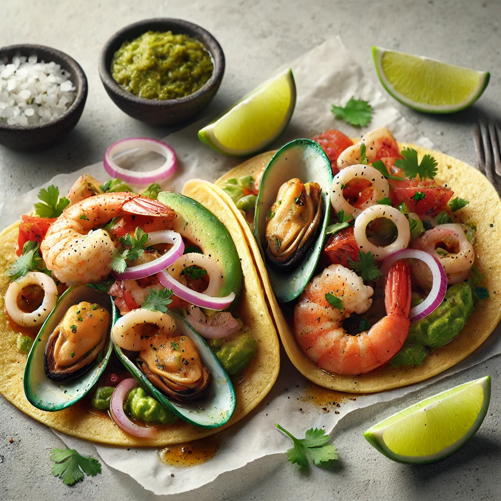 Fűszeres tenger gyümölcseivel, avokádóval és korianderrel töltött autentikus mexikói taco